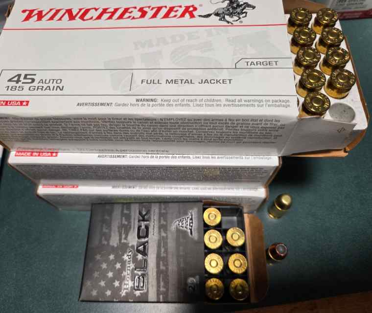 45 ACP Ammo - Hornady Black HP, Win FMJ