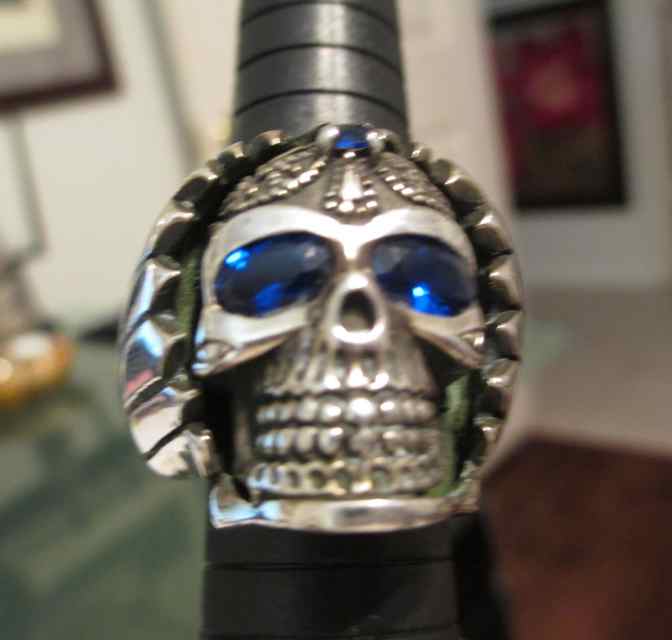 Custom 925 Silver and Sapphire Skull Ring  - Sz 9